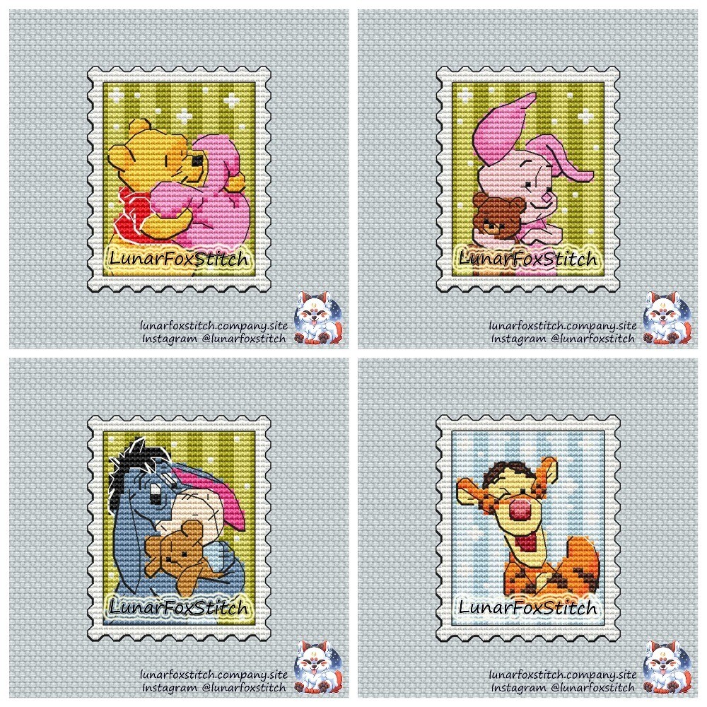 Friends (bear, pig, tiger, donkey) - set of 4 - postage stamp cross stitch pattern