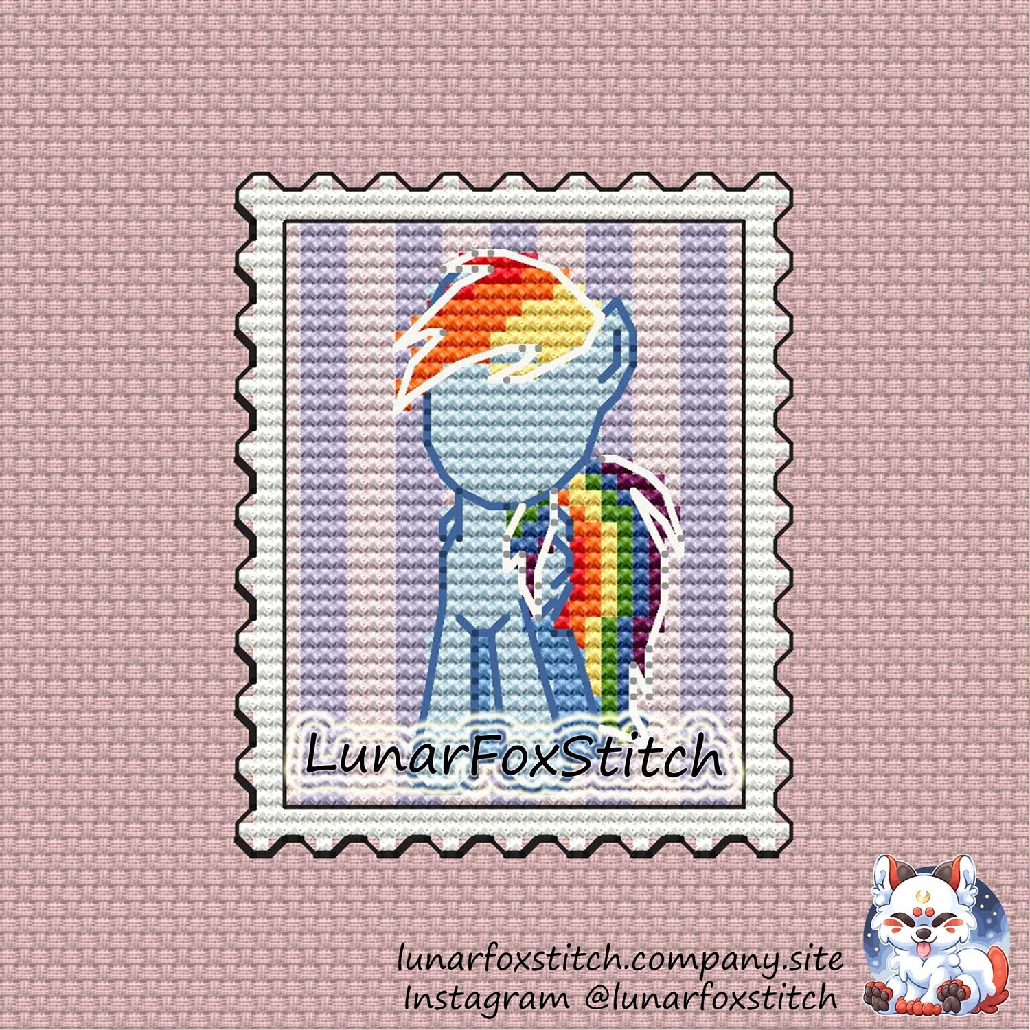 Rainbow pony postage stamp cross stitch pattern