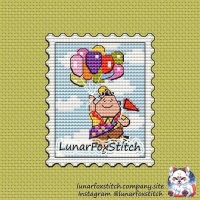 Boy and balloons postage stamp cross stitch pattern