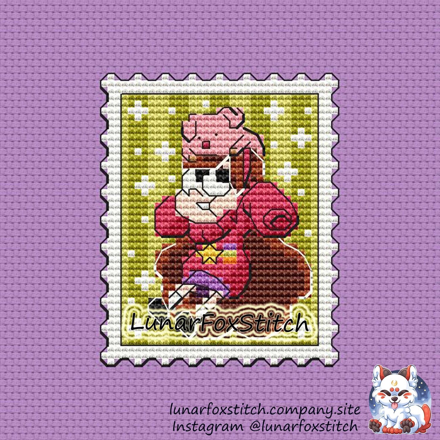 Cute girl with pig postage stamp cross stitch pattern