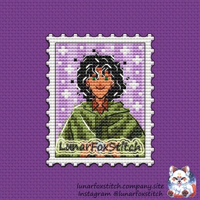 Green wizard boy postage stamp cross stitch pattern