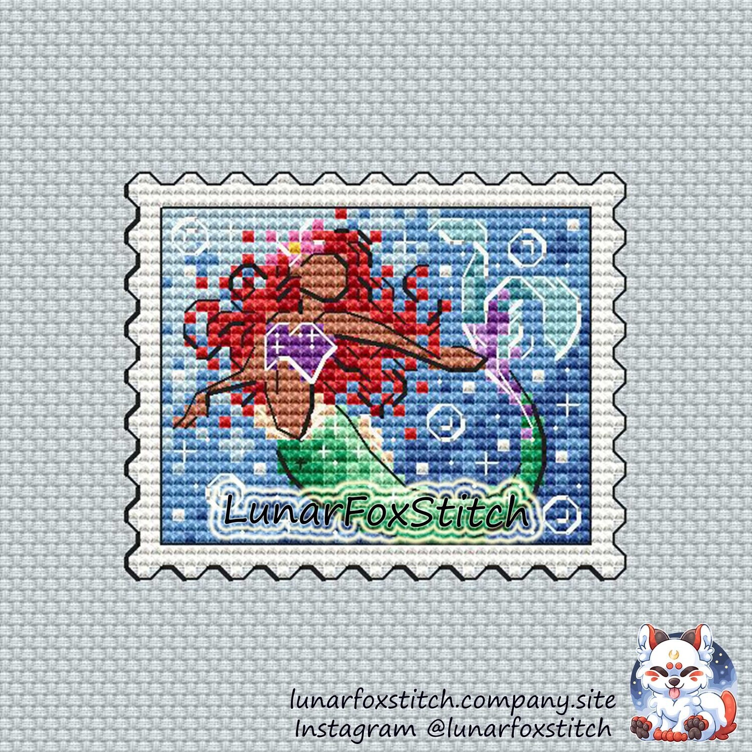 Mermaid postage stamp cross stitch pattern