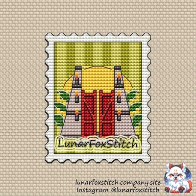 Dinosaur gate postage stamp cross stitch pattern