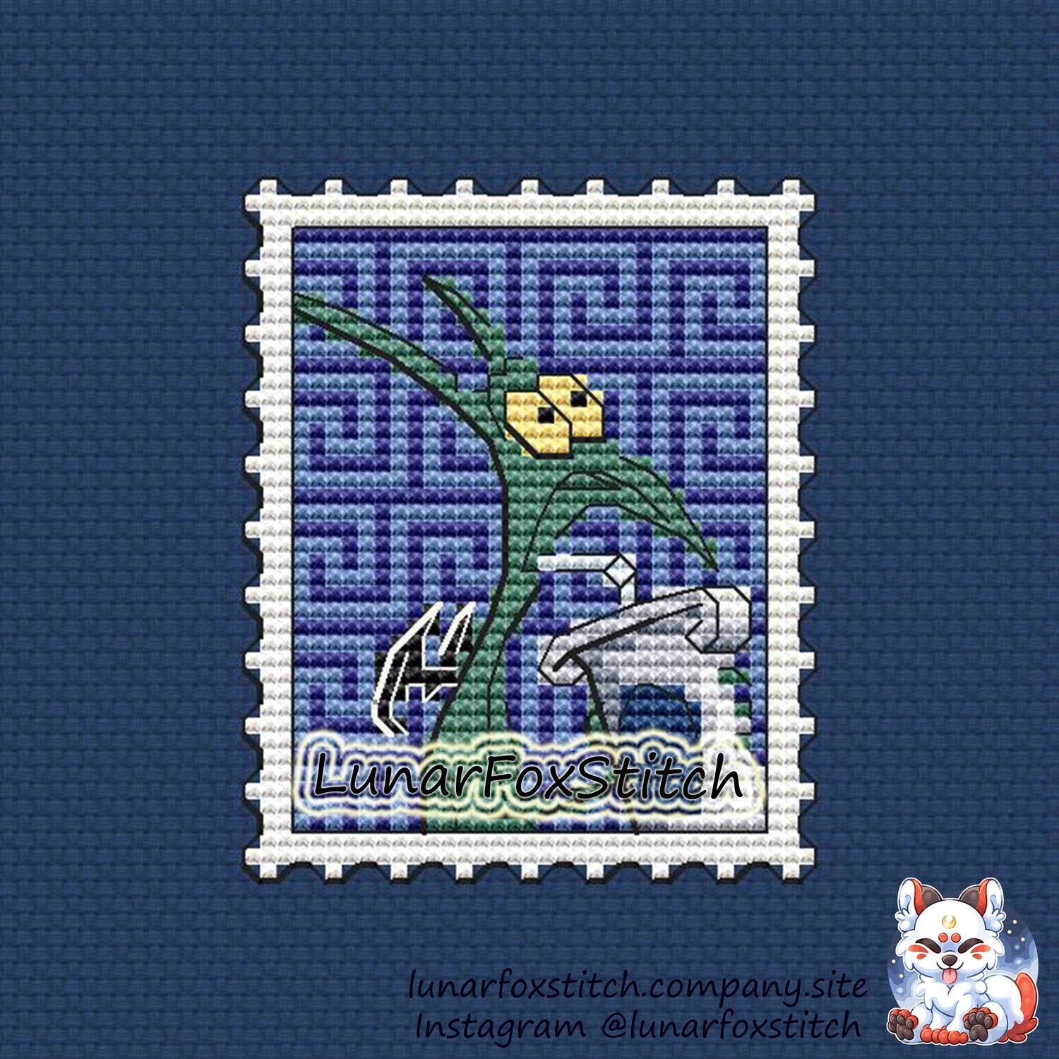 Blue chibi beast postage stamp cross stitch pattern