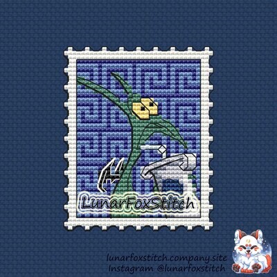 Blue chibi beast postage stamp cross stitch pattern