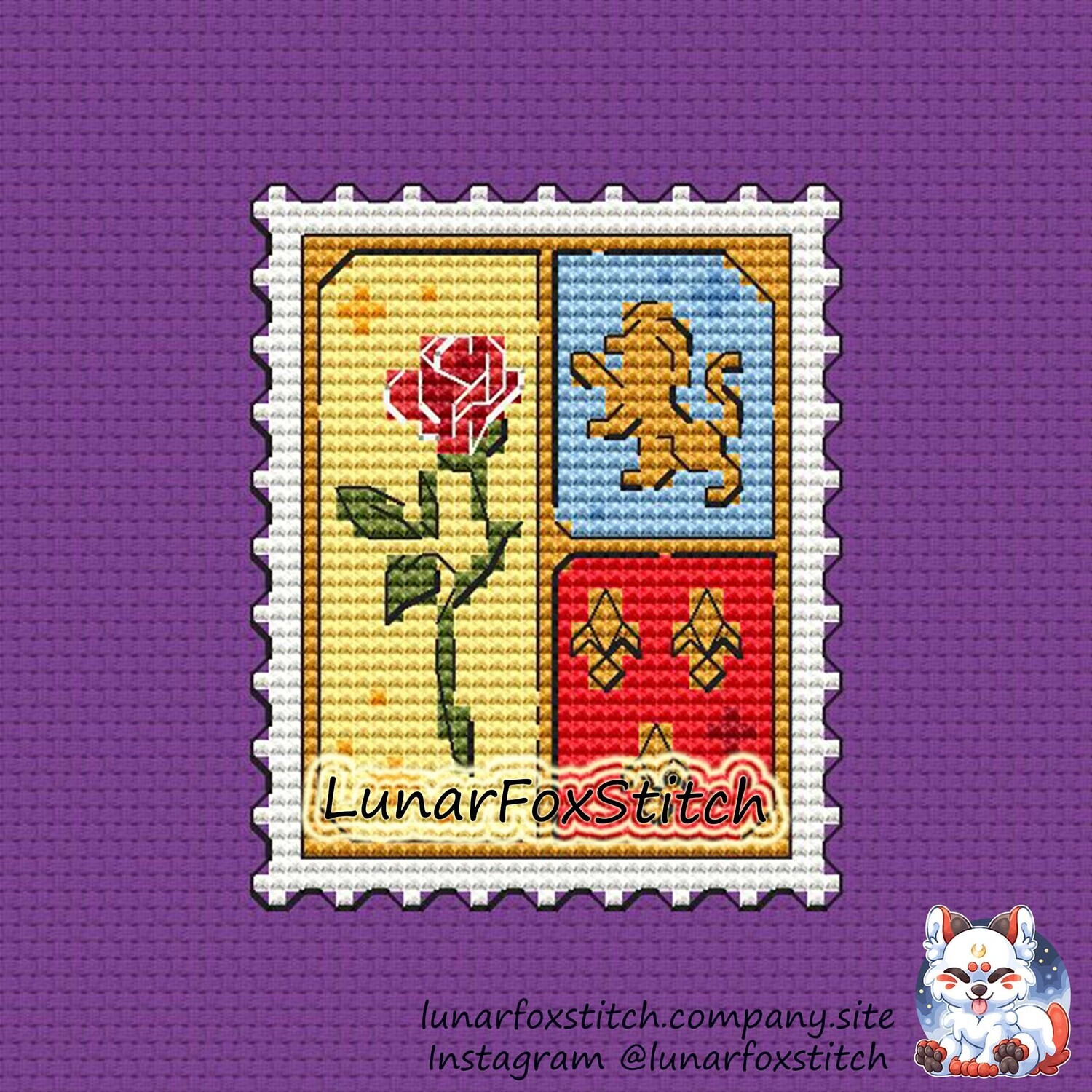 Rose and beast shield postage stamp cross stitch pattern