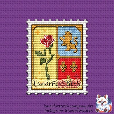 Rose and beast shield postage stamp cross stitch pattern