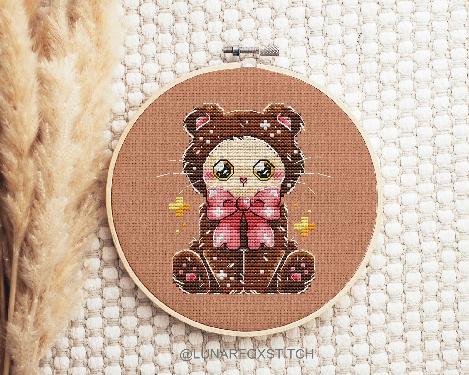 Cat in teddy bear pajamas cross stitch pattern