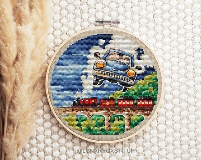 Magic Express train flying blue car сross stitch pattern