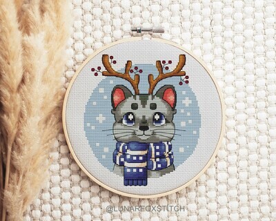 Grey cat Christmas cross stitch pattern