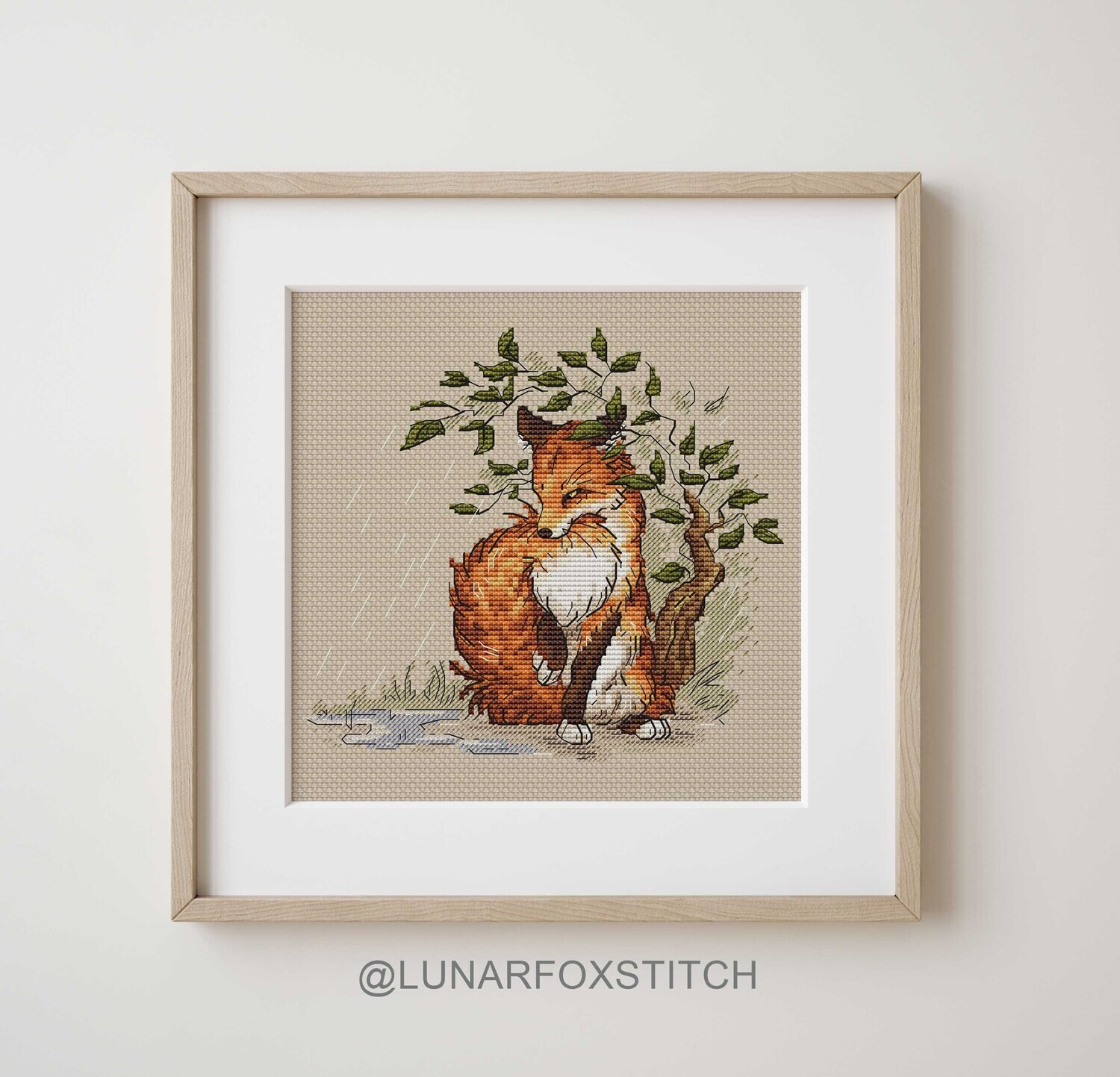 Rainy day fox cross stitch pattern