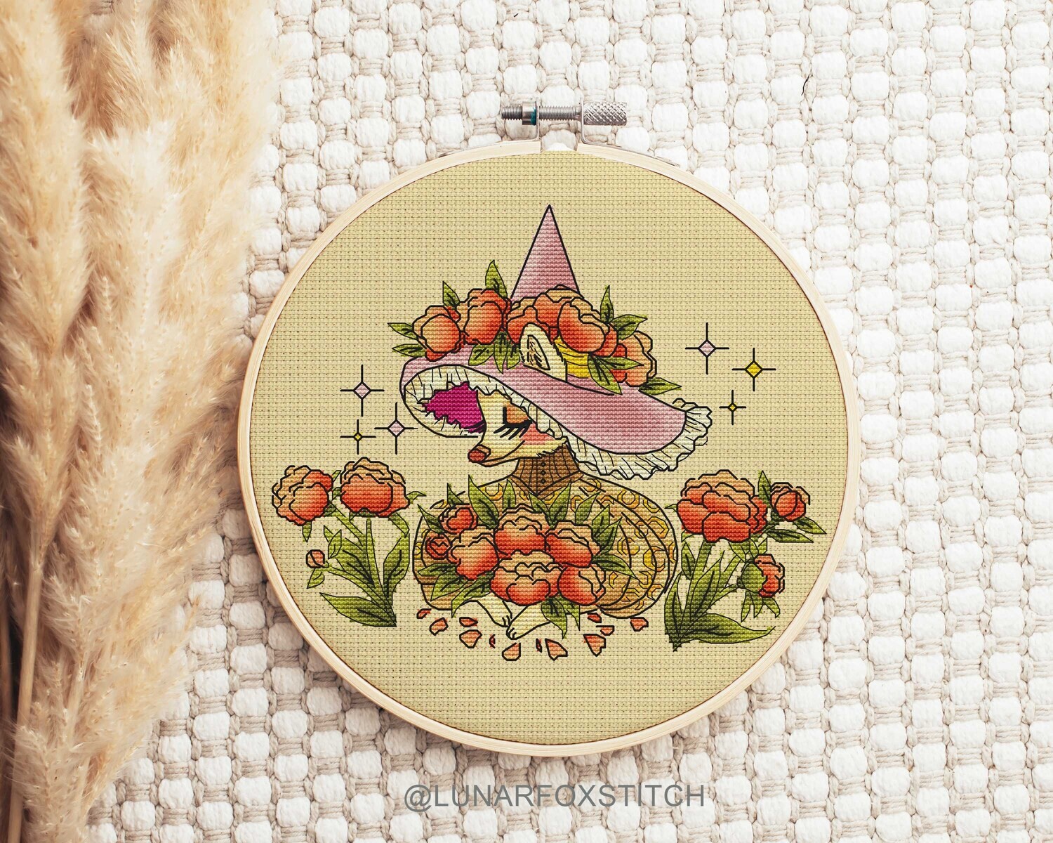 Peonies fox cross stitch pattern