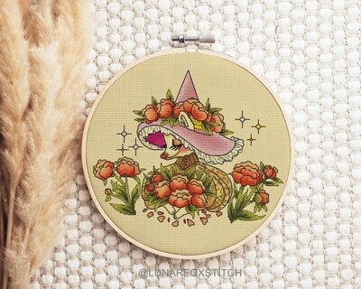 Peonies fox cross stitch pattern