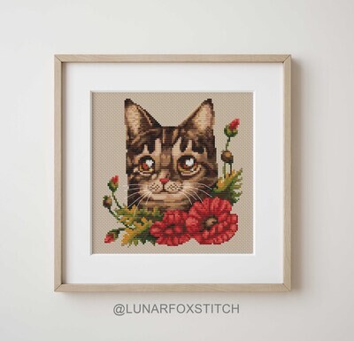 Cat with red flower cross stitch pattern