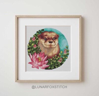 Lotus blossom otter cross stitch pattern