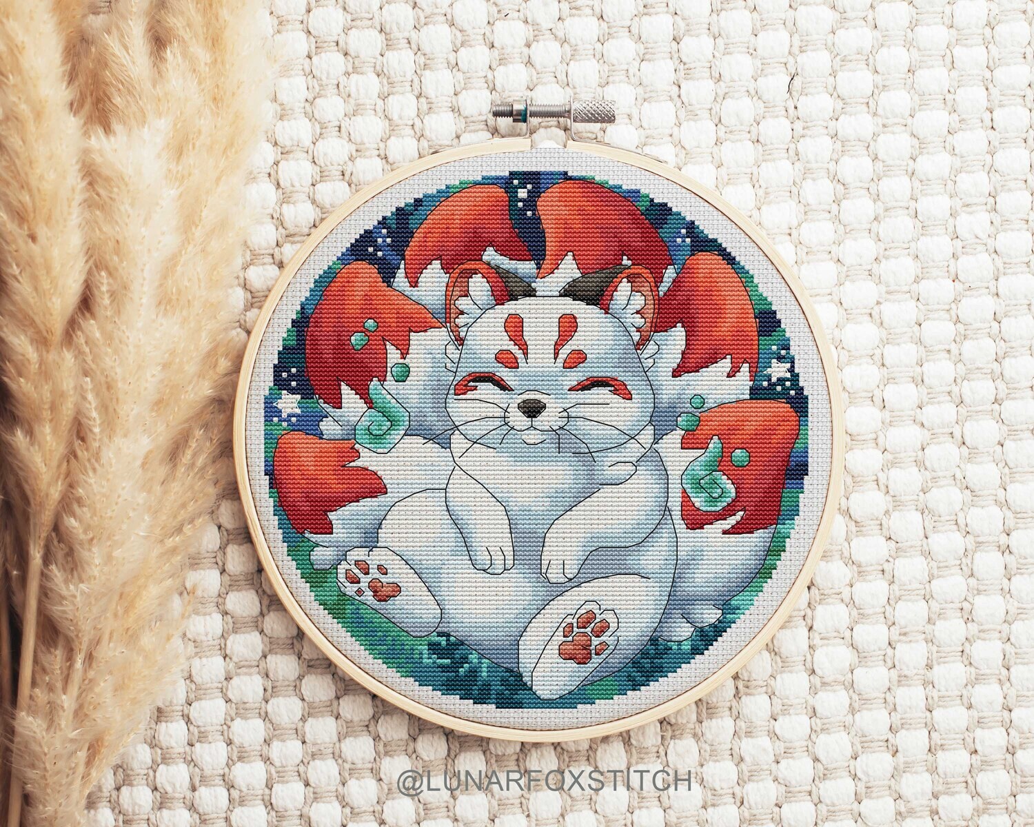 Forest spirit fox kitsune cross stitch pattern