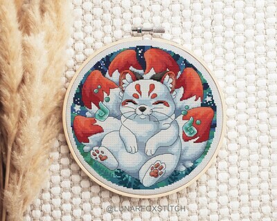 Forest spirit fox kitsune cross stitch pattern