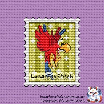 Red parrot postage stamp cross stitch pattern