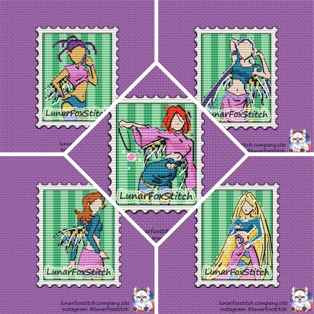 Witch - set of 5 - postage stamp cross stitch pattern