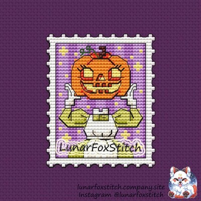 Pumpkin girl Halloween postage stamp cross stitch pattern