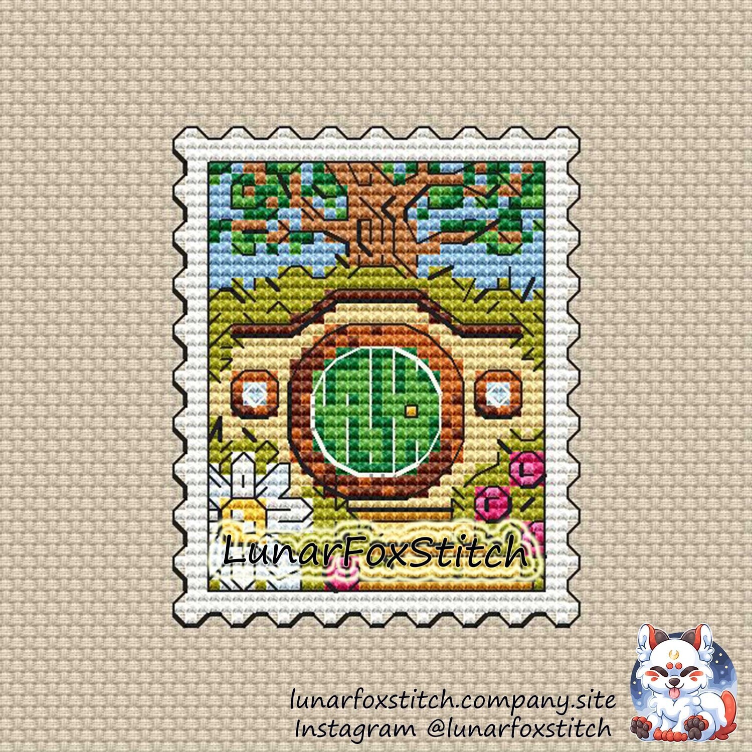 Hobbit hole postage stamp cross stitch pattern