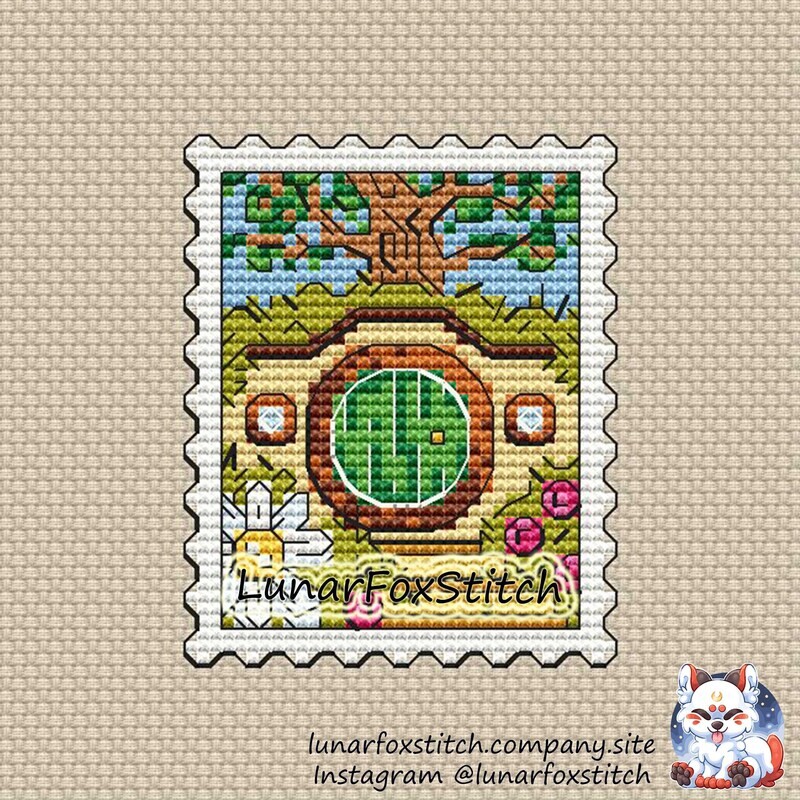 Hobbit hole postage stamp cross stitch pattern