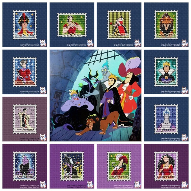 Villains - set of 12 - postage stamp cross stitch pattern