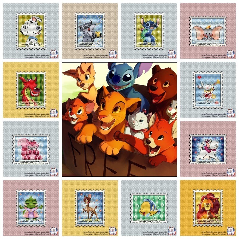 Cartoon animals - 12 set - postage stamp cross stitch pattern
