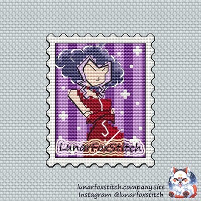 Purple witch postage stamp cross stitch pattern