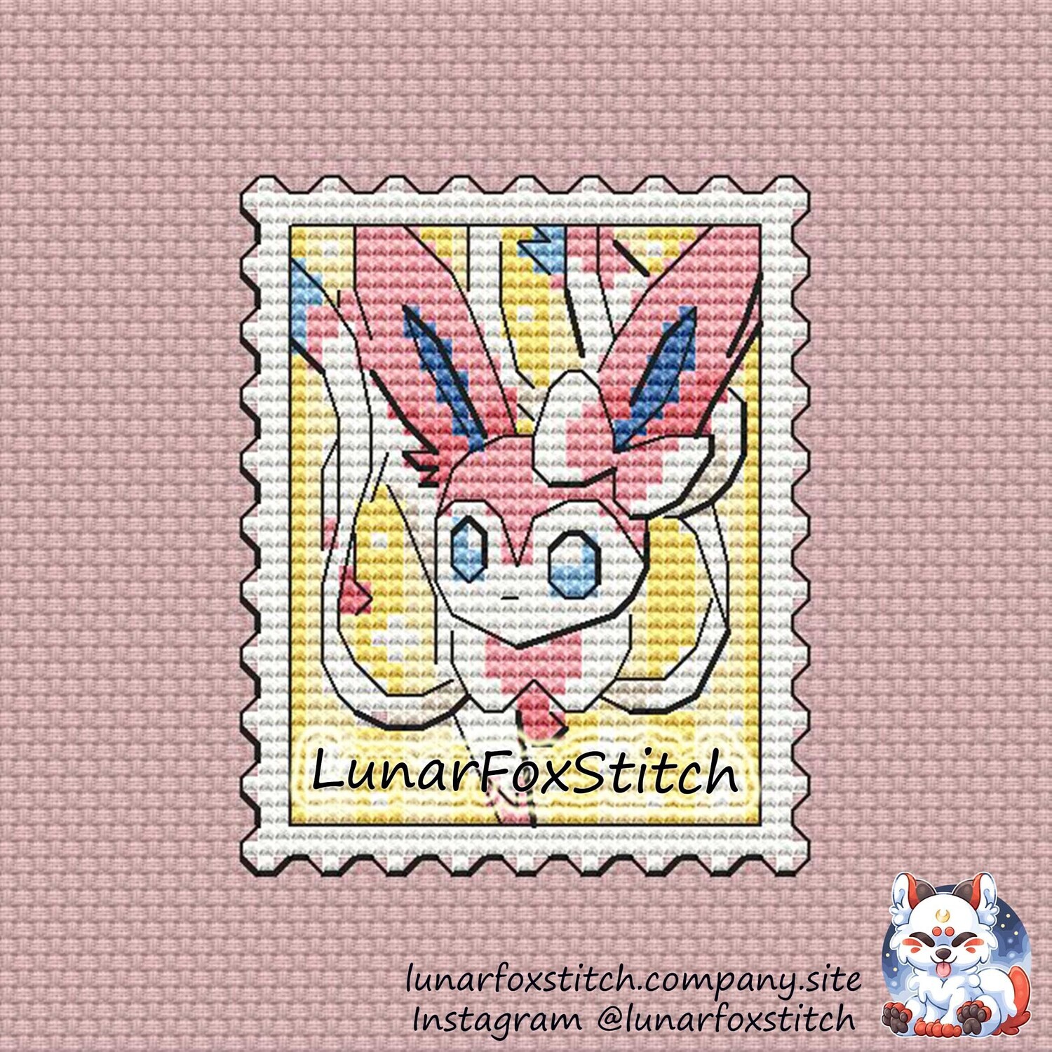 Pink cute cat Postage Stamp cross stitch pattern