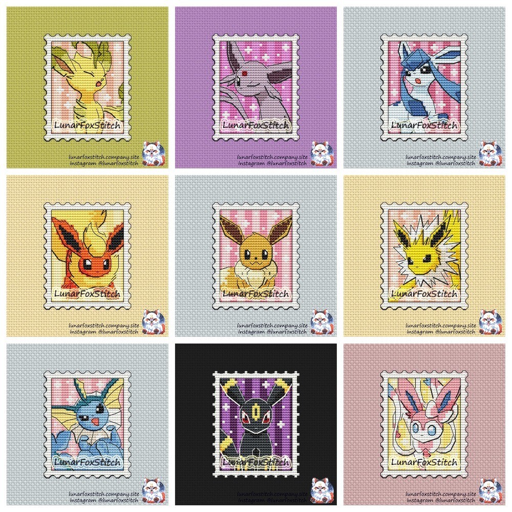 Cute anime animals- set of 9 - postage stamp cross stitch pattern