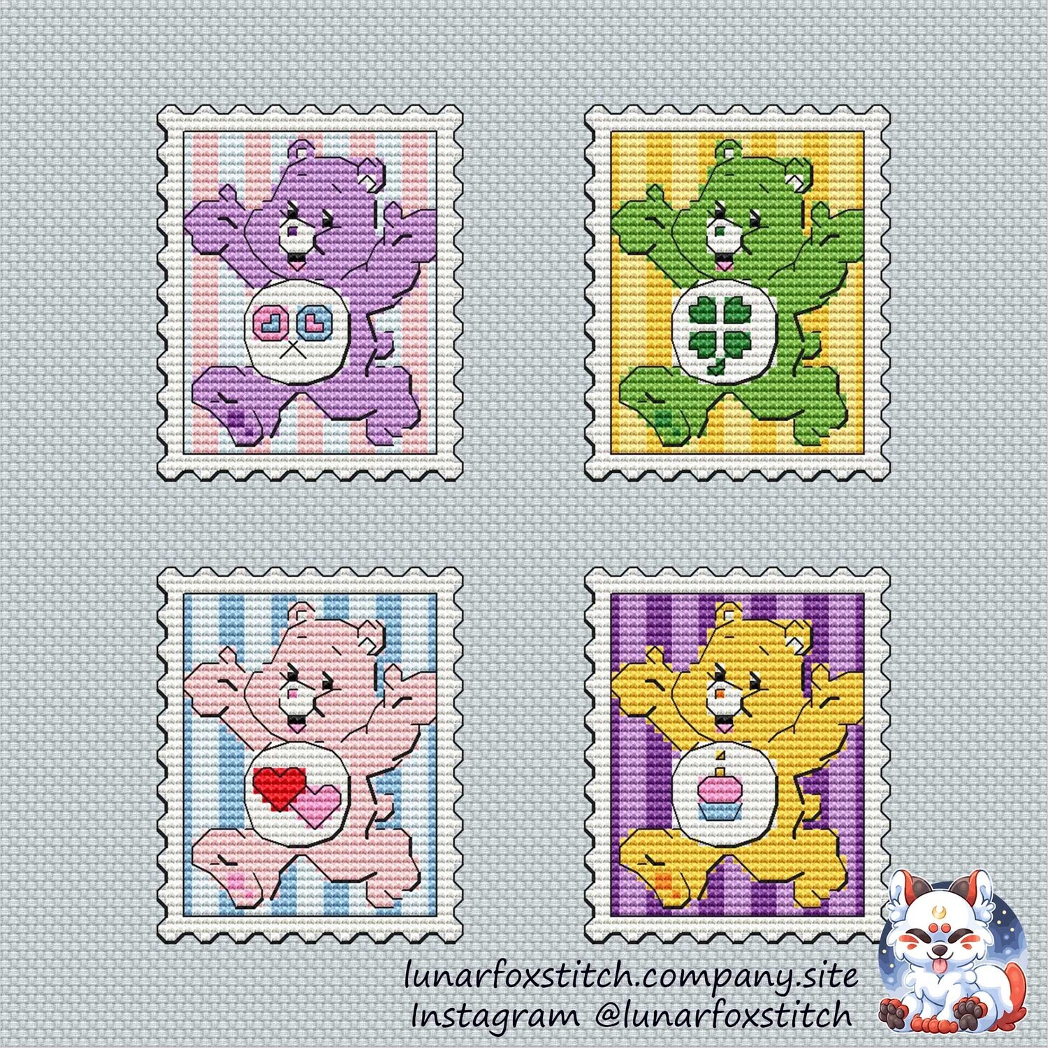 Cute rainbow bears postage stamp cross stitch pattern
