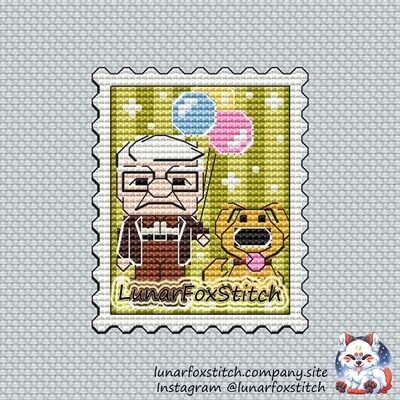 Man and dog postage stmap cross stitch pattern