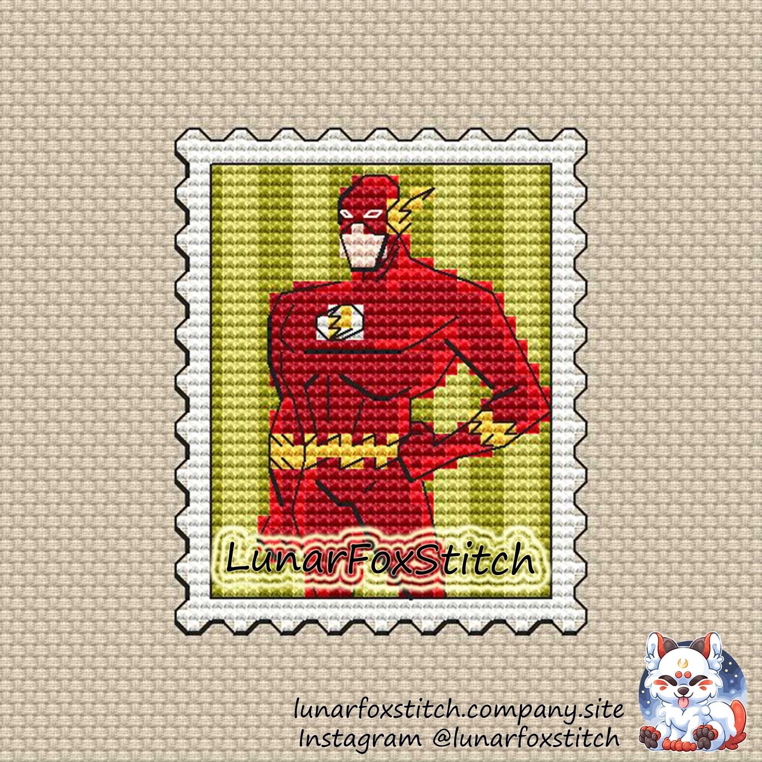 Hero run red postage stamp cross stitch pattern
