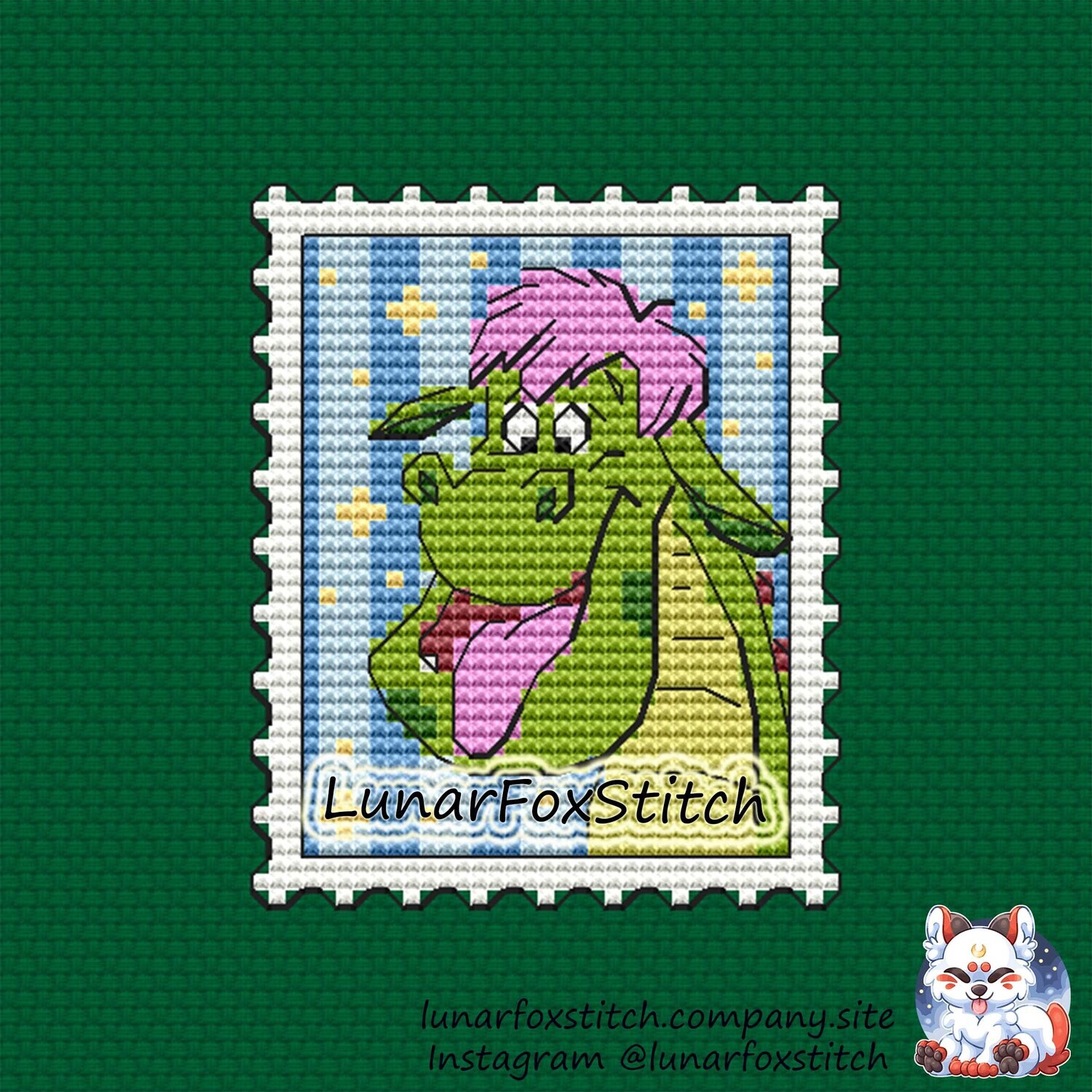 Green dragon postage stamp cross stitch pattern