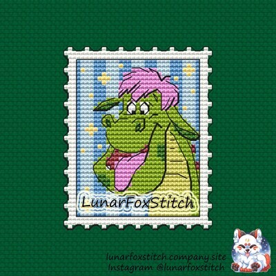 Green dragon postage stamp cross stitch pattern