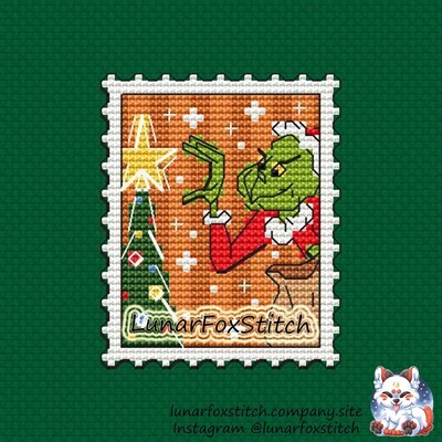 Green Santa Claus postage stamp cross stitch pattern