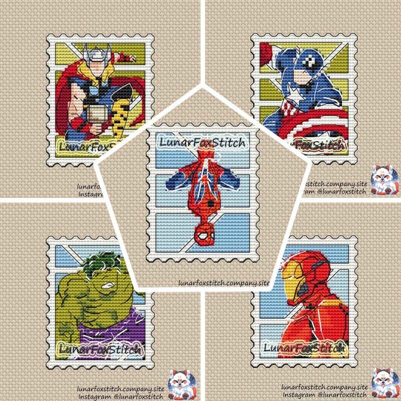 Heroes- set of 5 - postage stamp cross stitch patterns