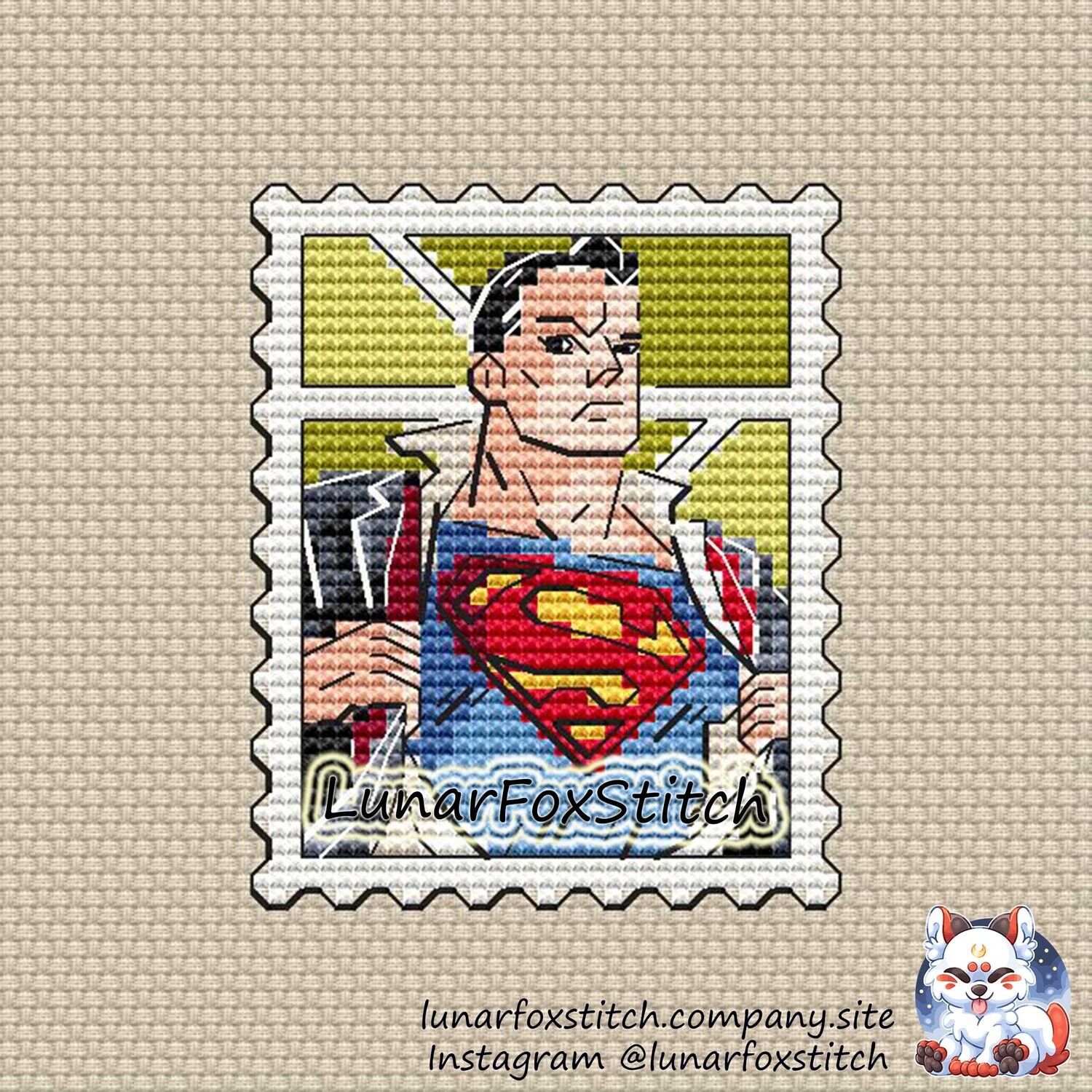 Hero man postage stamp cross stitch pattern