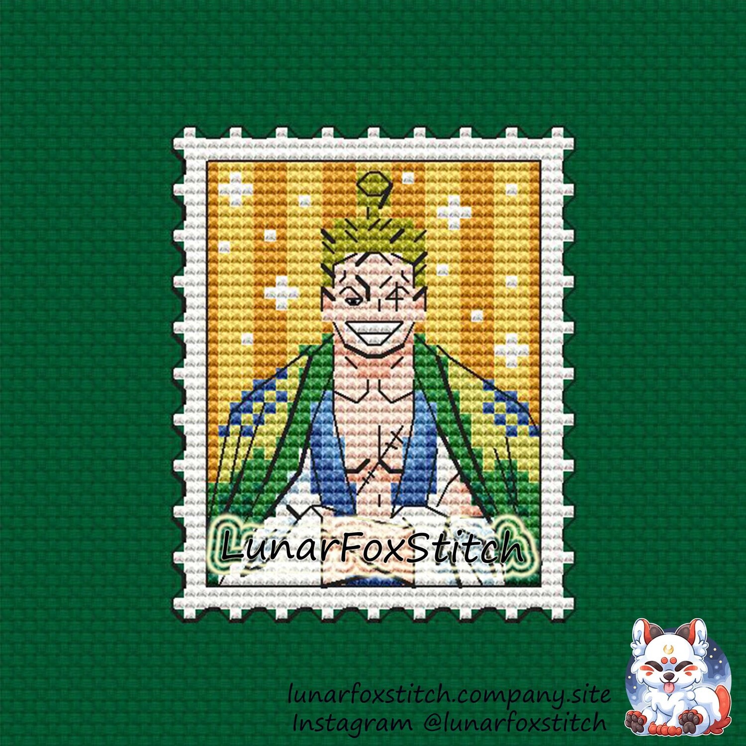 Green anime boy postage stamp cross stitch pattern