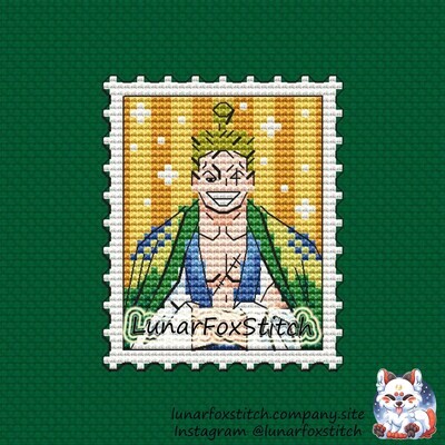 Green anime boy postage stamp cross stitch pattern