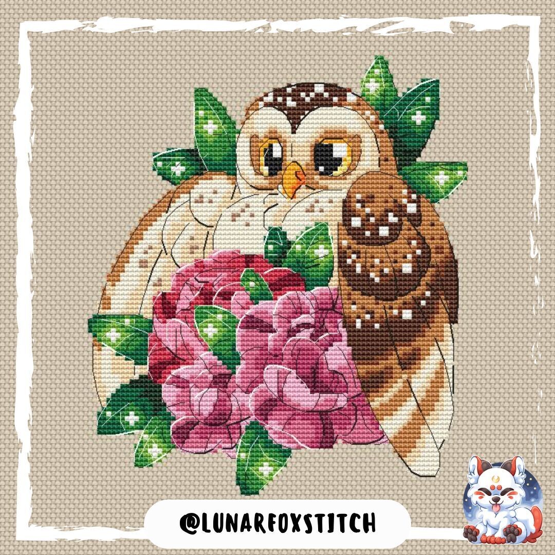 Owl in flowers cross stitch pattern