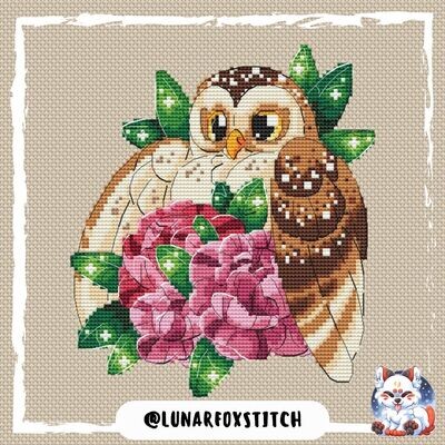 Owl in flowers cross stitch pattern