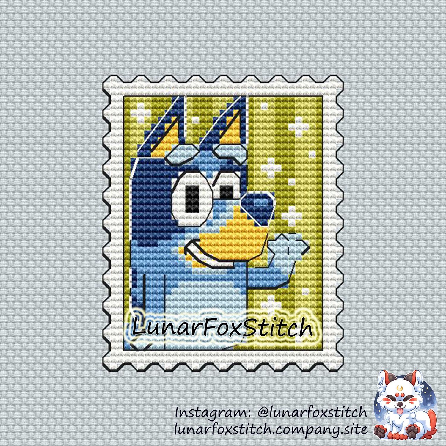 Blue dog postage stamp cross stitch pattern
