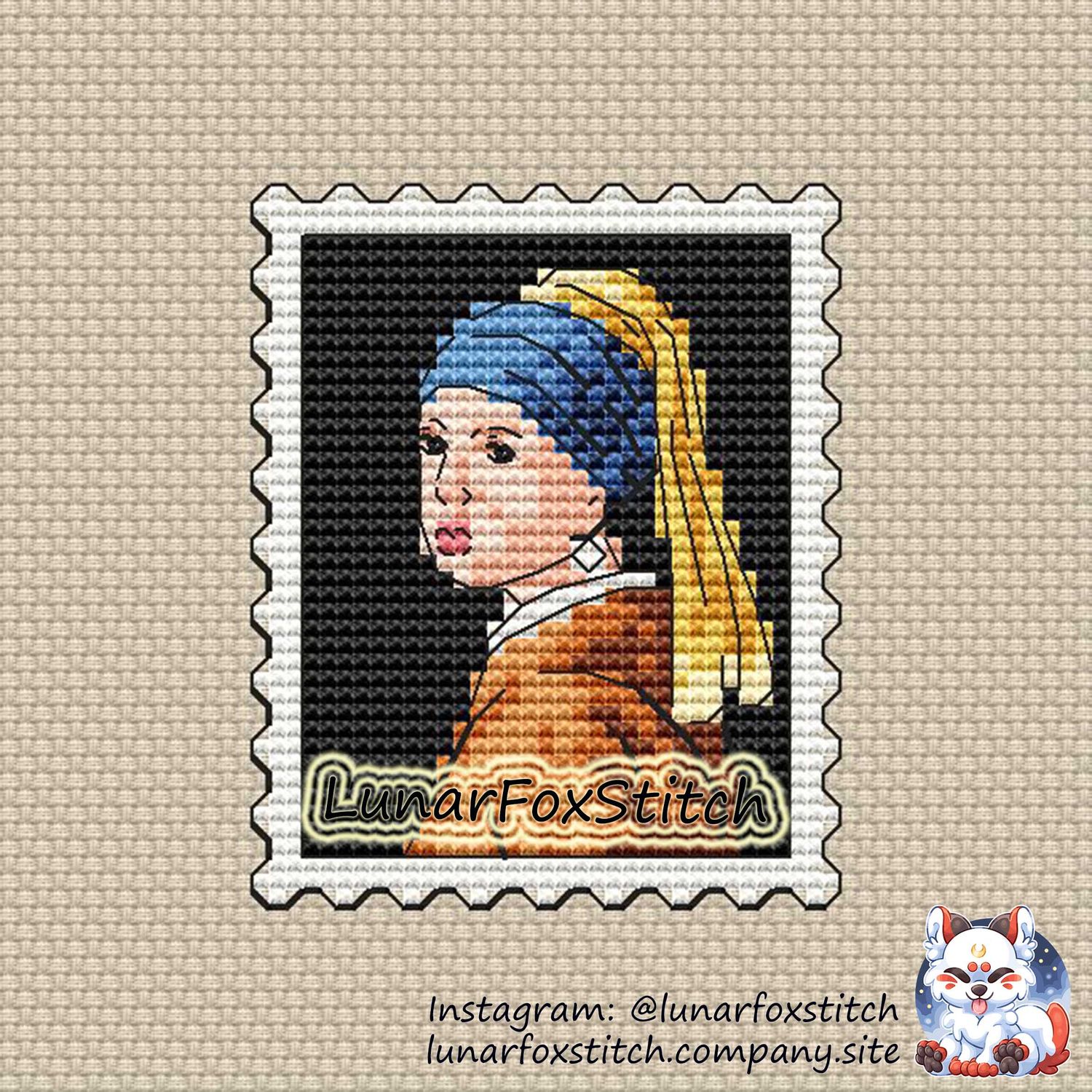 Girl with a Pearl Earring art postage stamp cross stitch pattern
