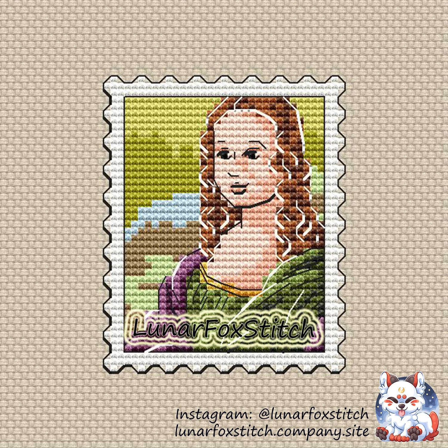 Mona Lisa art postage stamp cross stitch pattern