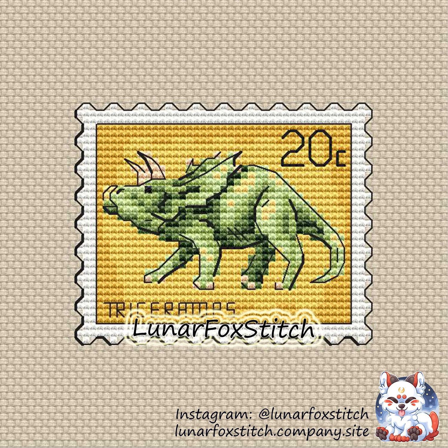 Triceratops dinosaur postage stamp cross stitch pattern