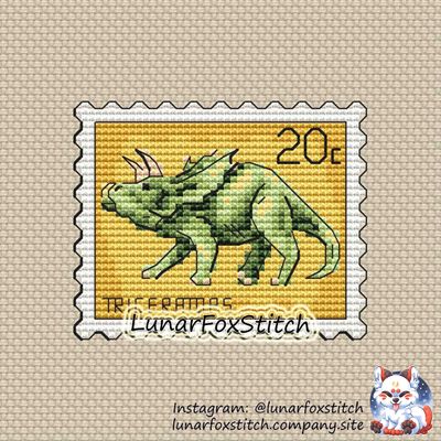 Triceratops dinosaur postage stamp cross stitch pattern