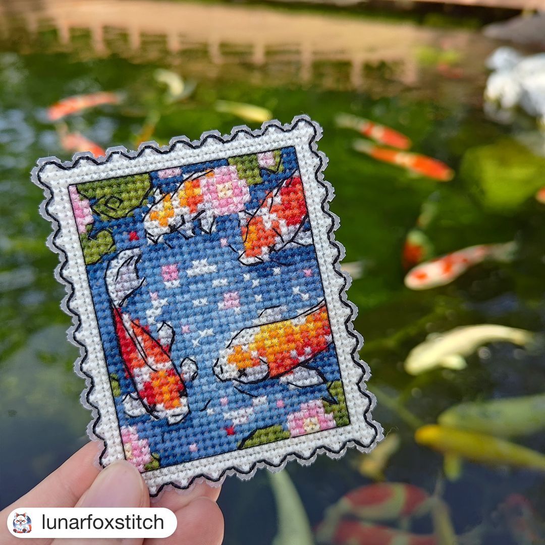 Japanese koi pond postage stamp cross stitch pattern