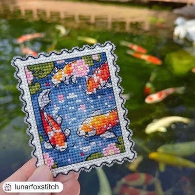 Japanese koi pond postage stamp cross stitch pattern